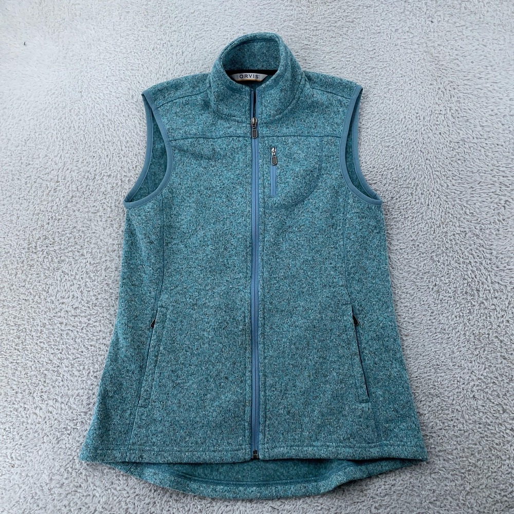 Orvis Sweater Fleece Vest Womens Small Blue Heathered Full Zip‎ Pockets Hiking